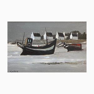 Jean Louis Getaz, Boats in Front of the 4 White Houses, Oil on Canvas, 1980s
