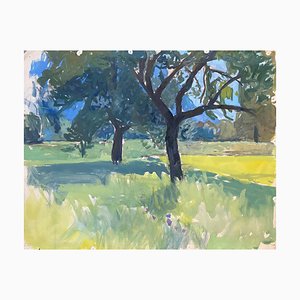 Isaac Charles Goetz, Arbres devant les montagnes suisses, 20e siècle, Oeuvre sur Papier
