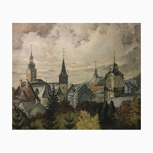 Landscape of a Village with a View of Steeples, Oil on Canvas, 1954