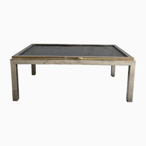 Mesa de centro italiana Mid-Century moderna de cromo y latón con superficie de vidrio ahumado, años 70