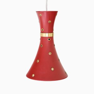 Swedish Modern Red Pendant Light with Perforated Brass Details, 1950s