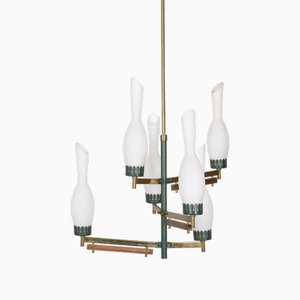Vintage Italian Ceiling Light in Brass, Green Metal and Glass, 1950s
