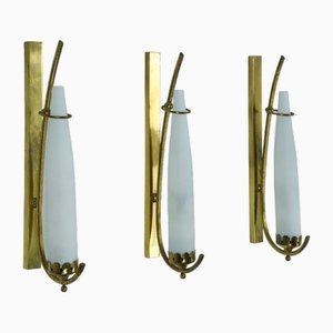 Sconces in Brass and Triplex Opaline Glass in the style of Arredoluce, Italy, 1950s, Set of 3
