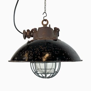 Industrial Black Enamel and Cast Iron Cage Pendant Light from Elektrosvit, 1960s