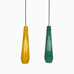 Lampes à Suspension en Verre de Murano Vert et Jaune de Vistosi, Italie, 1970s, Set de 2