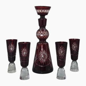 20th Century Bohemia Carafe with Cut Ruby ​​Cased Glasses from Unbekannt, 1920s, Set of 5