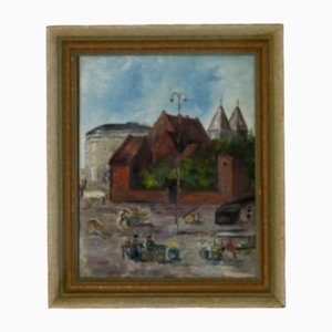 Ciris Nordstrandh, Mårtenstorget with Krognoshuset in Lundt, 1950s, Oil on Panel, Framed
