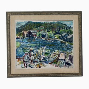 Olle Nordberg, Fishing Camp, 1963, Oil on Panel, Framed