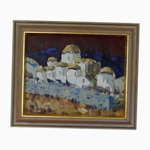 Tage Garvik, Town, 1950er, Öl auf Leinwand, Gerahmt