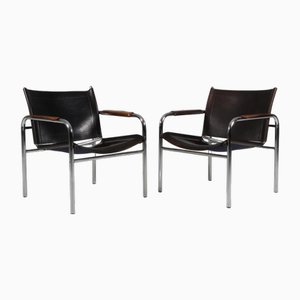 Two Leather and Tubular Steel Armchairs Clinte attributed to Tord Björklund for Ikea, 1960s