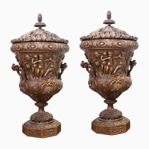 Large Bronze Urns Monumental Campana Cherub attributed to Clodion, Set of 2