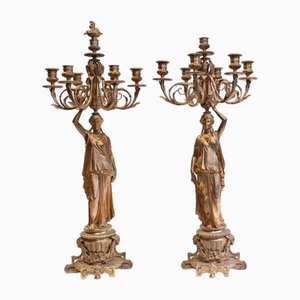French Gilt Female Maiden Figural Candleholders, Set of 2