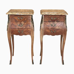 Antique French Louis Xv Marquetry Marble Top Nightstands, 1890s, Set of 2