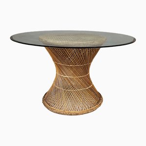 Mesa de comedor italiana Mid-Century redonda de vidrio y ratán, años 60