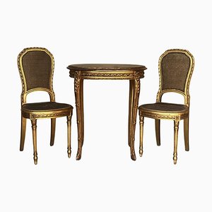 Antique French Louis Xvi Style Gilded Oval Console Table with Chairs, 1930, Set of 3