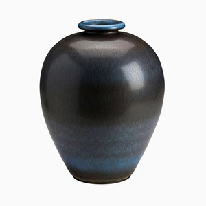 Vintage Hasenfell Glasur Vase in Blau & Braun von Berndt Friberg