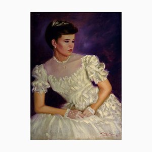 Nicola Del Basso, Porträt einer Frau in einem weißen Kleid, 1983, Öl auf Leinwand