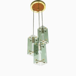 Goldene italienische Hängelampe aus Aluminium & Rauchglas, 1960er