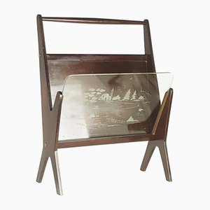 Italienischer Zeitschriftenständer aus Schichtholz & Dekoriertem Glas, 1950er