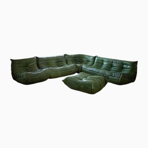 Green Dubiat Leather Togo Sofa Set by Michel Ducaroy for Ligne Roset, Set of 5