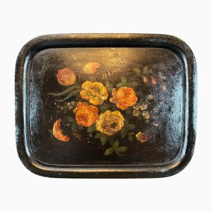 Vassoio antico in metallo dipinto a mano con fiori, Francia
