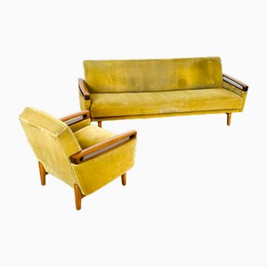 Set da salotto in teak e velluto, Scandinavia, 1960, set di 2