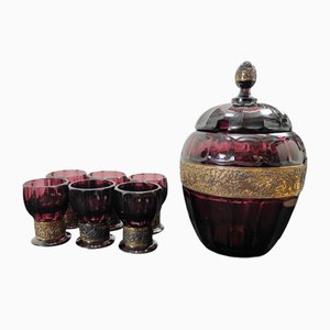 Bicchieri in vetro rosso e antica brocca Walther, metà XIX secolo, set di 7