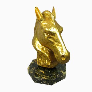 Brass Horse Sculpture with Black Marble Base, Mid-20th Century