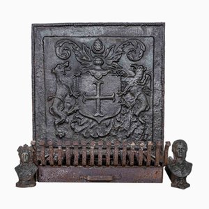 Antique French Cast Iron Fire Place Set, Set of 5