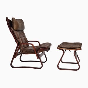 Fauteuil avec Repose-pieds en Cuir, Norvège, 1970s, Set de 2