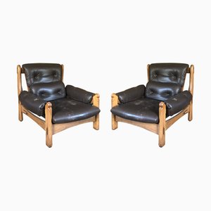 Set of Vintage Brutalist Oak and Leather Chairs, 1975