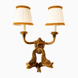 Bronze Wall Lights with Fish and Silk Lampshades