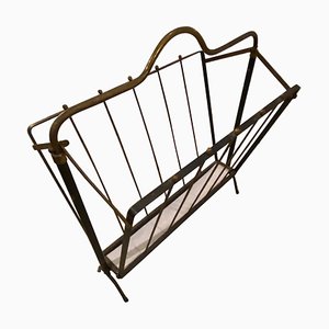 Mid-Century Italian Modern Black Painted Iron and Brass Magazine Rack, 1950s