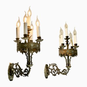 Antique French Candle Wall Sconces in Brass and Enamel, Set of 2