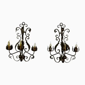 Wrought Iron Wall Lights with Foliage Decoration, 1950s, Set of 2