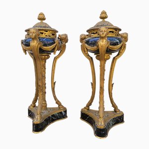 Cassolettes antiguas de mármol y bronce. Juego de 2