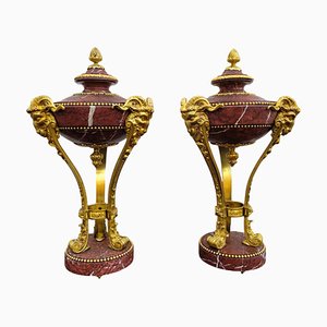Cassolettes de mármol rojo y bronce, siglo XIX. Juego de 2
