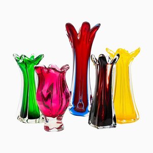 Murano Multi-Coloured Glass Vases, Italy, 1970s, Set of 5