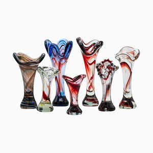 Murano Multi-Coloured Glass Vases, Italy, 1970s, Set of 7