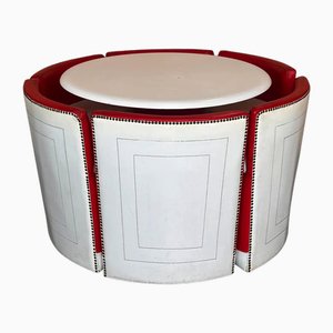 Vintage Round Table with Six Chairs in Red and White Leather, 1960s, Set of 7