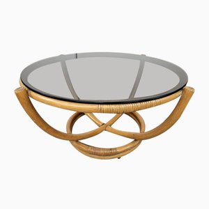 Round Coffee Table in Bamboo and Smoked Glass, 1970