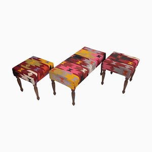 Kilim Bench Upholstered with Turkish Kilim Rug, Set of 3
