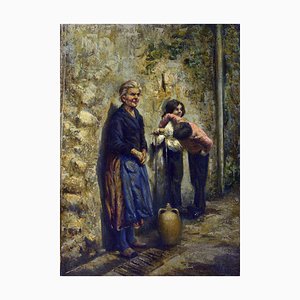 Huile sur Toile Marino Faliero, Scène Rustique à la Fontaine, 1990s, Encadré