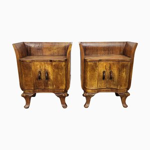 Italian Art Deco Bedside Tables in Burl Walnut, 1940s, Set of 2