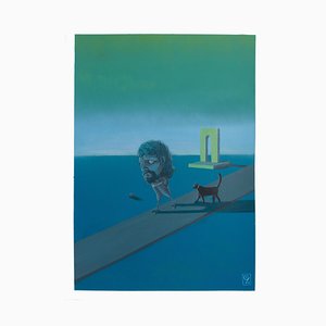 Gozo d'après De Chirico, Head Walker with Cat, 2024, Acrylique sur Papier
