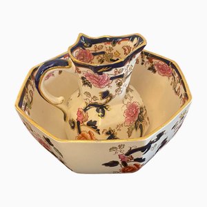 Small Antique Hand Painted Jug and Bowl, 1920, Set of 2