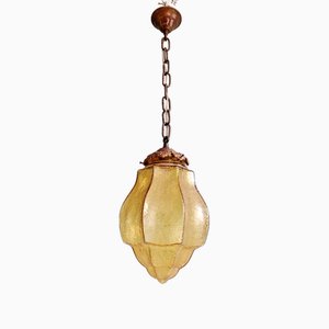 Lampe à Suspension Art Déco en Verre Craquelé Ambré, 1920s