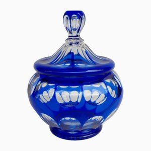 Blaue Zuckerdose mit Doppelschicht aus Kristallglas, 1930er