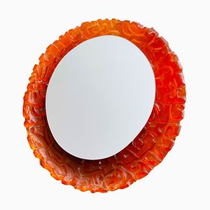 Large Mid-Century German Modern Oval Orange Acrylic Backlit Wall Mirror Light attributed to Hillebrand, 1970s