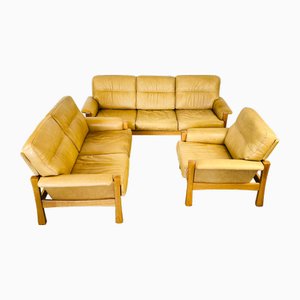 Complete Living Room Set in Camel Leather in the style of Pierre Chapo, 1960, Set of 3